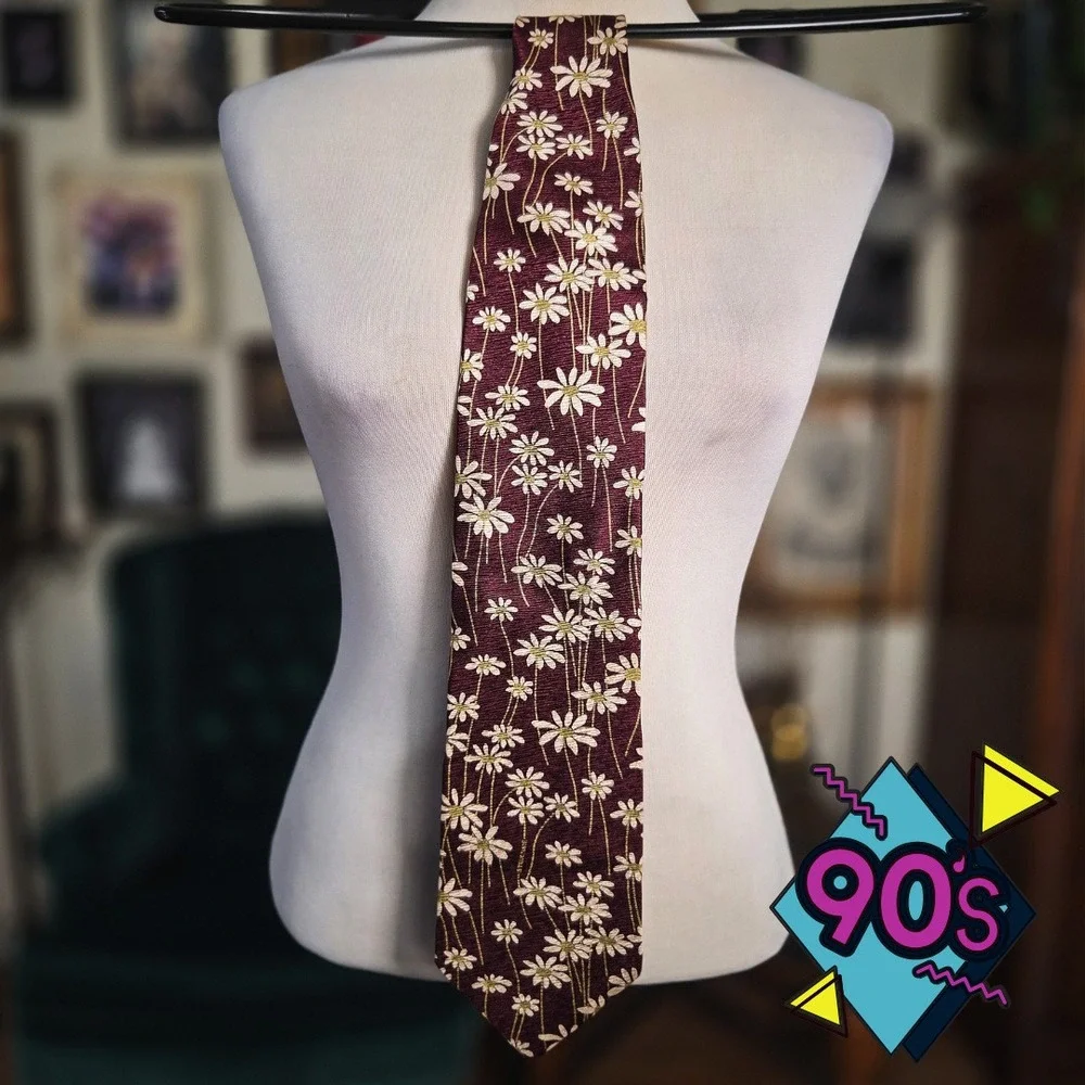 Structure Silk Tie Vintage 90s Mens Burgundy Daisy Floral Print Made in USA New